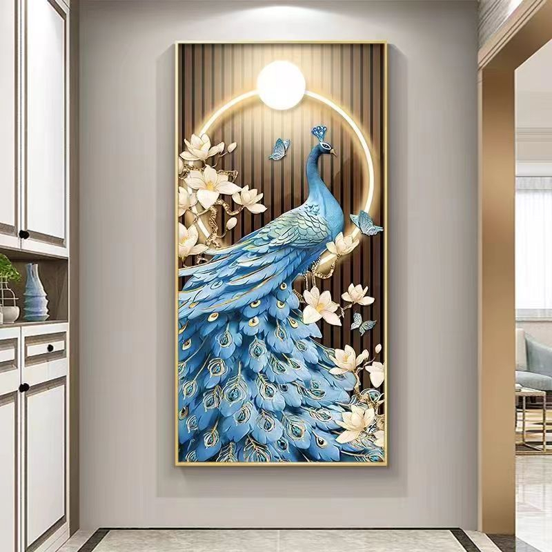 富貴孔雀墻面裝飾畫 客廳帶框壁畫 玄關掛畫 高檔貼鑽晶瓷畫