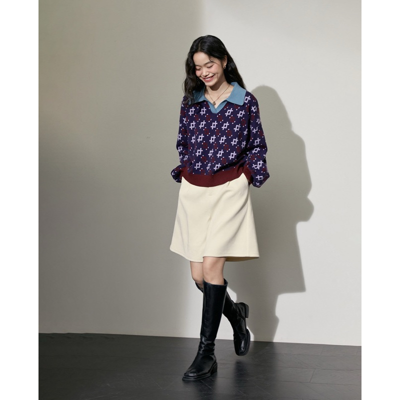《全新現貨》韓國🇰🇷KUOSE深紫色圖騰針織毛衣polo上衣(M)