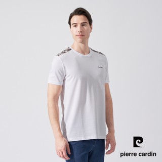 【pierre cardin 皮爾卡登】男款 棉混肩配格子布圓領衫T恤-白色 (5247280-90)