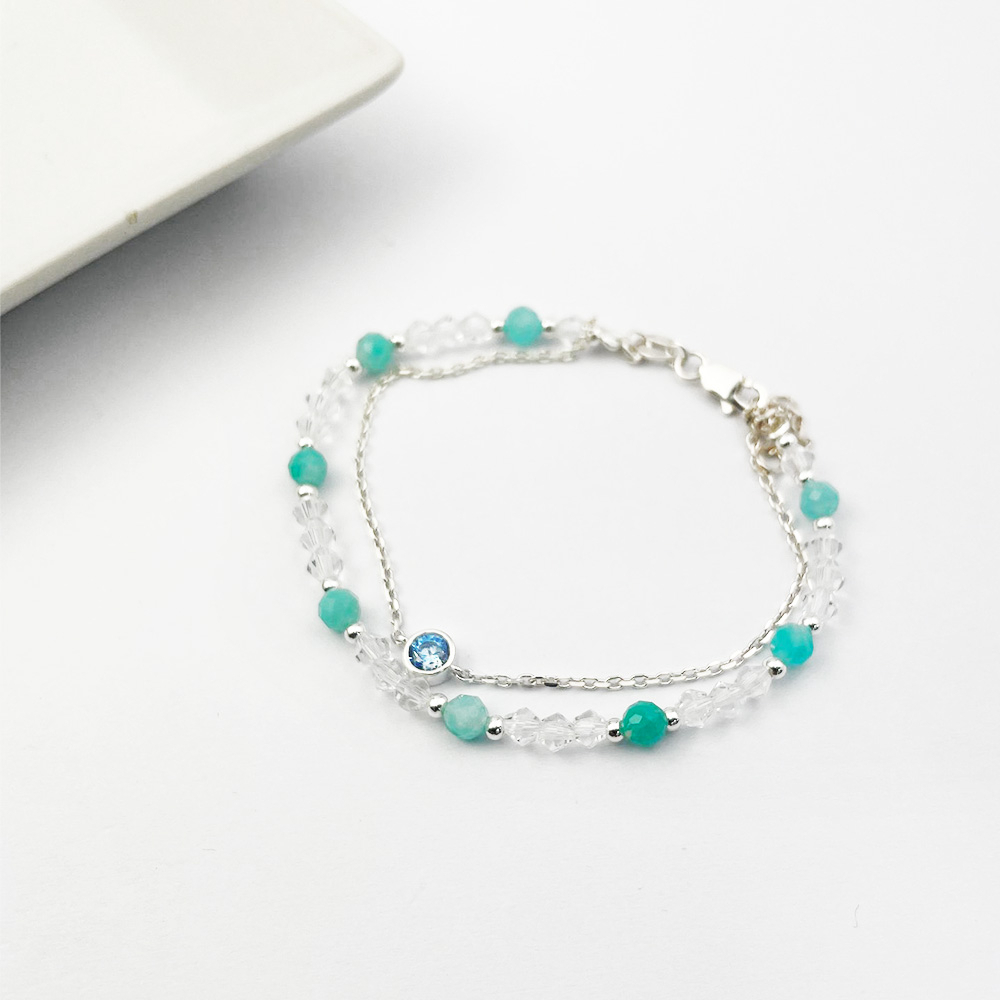 925純銀 手鍊 水藍串珠手工純銀手鍊 藍色鑽石串珠手環 Tiffany綠 現貨