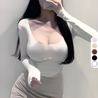 SISI【L24024】透膚薄款顯身材修身爆乳U領低胸長袖打底衫上衣T恤T-shirt性感辣妹防曬春秋