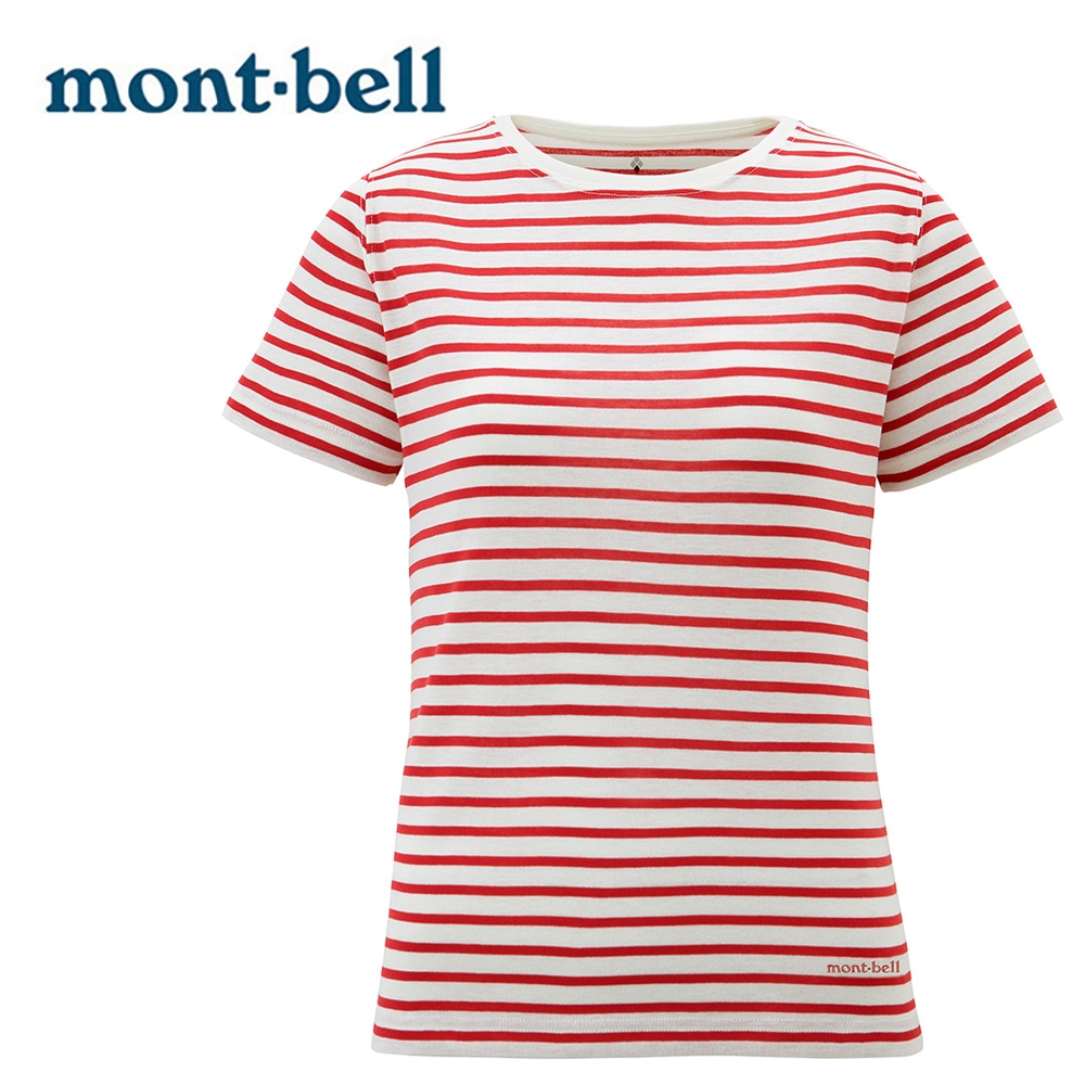 【Mont-bell 日本】WIC. STRIPED 短袖圓領排汗衣 女 白/紅 (1114543)｜運動上衣  短T