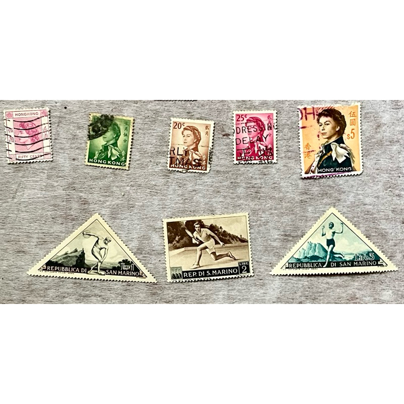 1953年歐洲聖馬利諾 聖馬力諾未使用異形三角形郵票三張、香港郵票英國女王伊莉莎白二世：1973年（一角、二角五分、五角