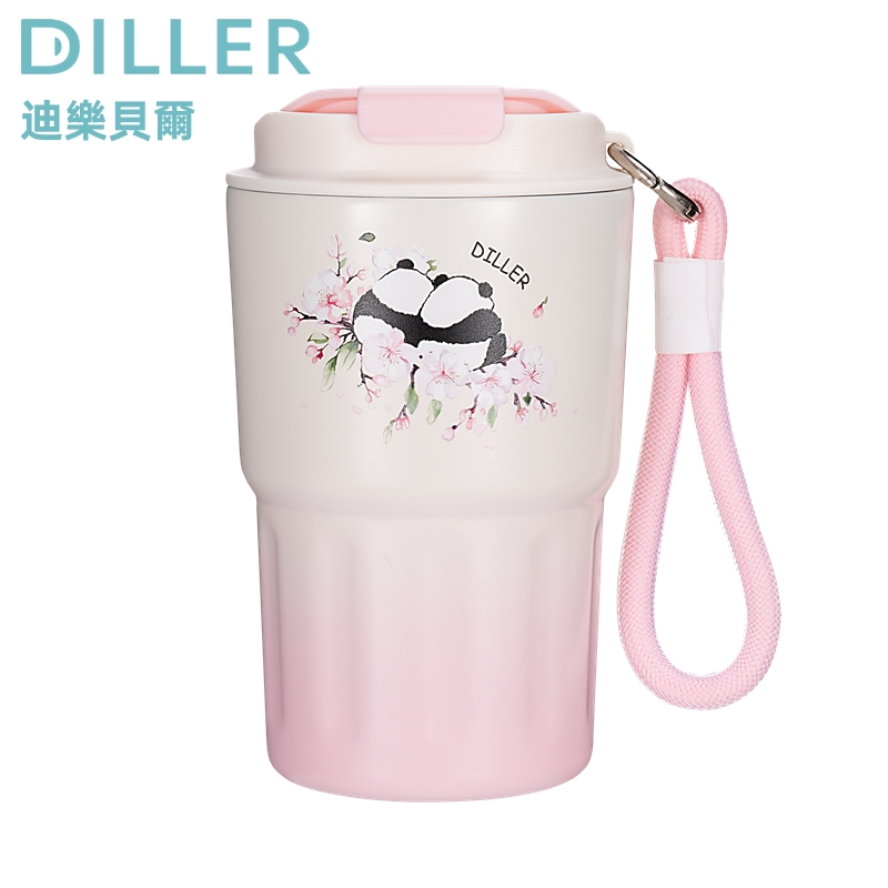 Diller  保溫杯帶手提繩 SUS304 不鏽鋼真空絕緣旅行櫻花熊貓咖啡杯壺嘴飲用水杯（340ml） MLH9149