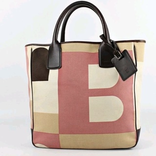 二手真品，義大利製 BALLY 經典 Busy-B系列 撞色帆布 方型 手提包