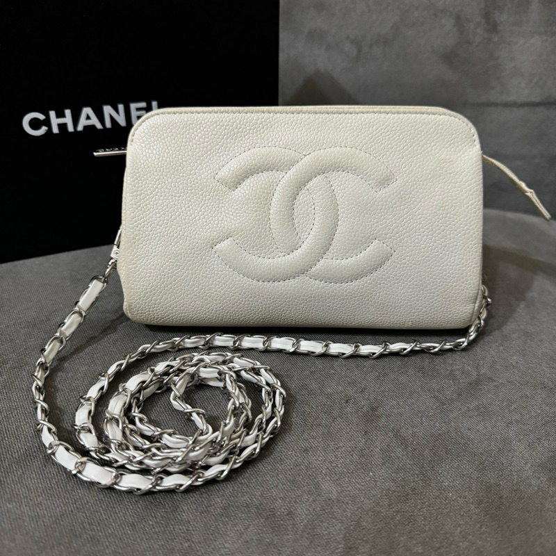 現貨 香奈兒Chanel vintage 大logo 17cm 典雅白魚子醬荔枝牛皮 銀釦 手拿鏈條斜背包