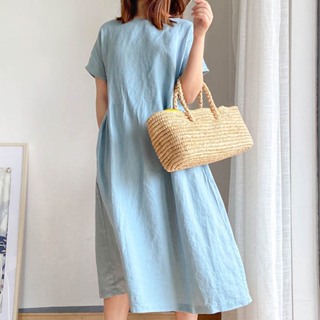 【ACheter】簡約文藝風時尚嫩彩棉麻寬鬆洋裝# 109313