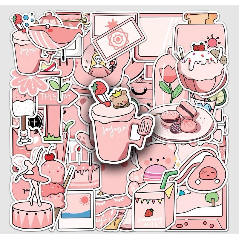 🤙🏻🇹🇼現貨🤙🏻50張 粉紅色 粉色系 少女 可愛 小清新 ins 塗鴉  獎勵 PVC 防水 行李箱 安全帽 筆電滑板