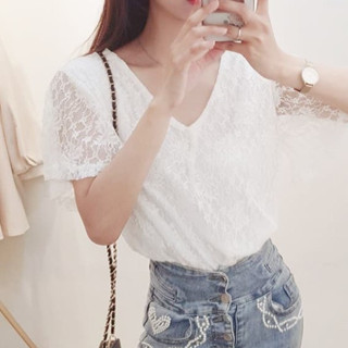 扉娜VINASHOP 韓版甜美蕾絲後綁帶寬袖上衣