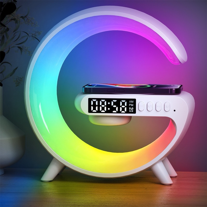 全新 白色 多合一 無線充電 藍芽喇叭 音箱 七彩氛圍燈 LED顯示時鐘鬧鐘