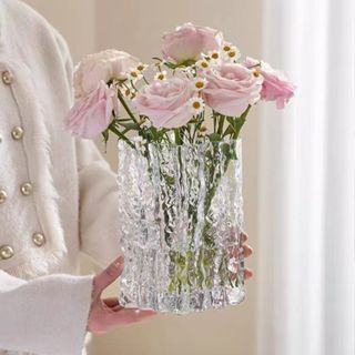 ins輕奢花瓶🌺高級感冰川花瓶 玻璃花瓶 加厚透明水養鮮花 插花花瓶 客廳裝飾品 鮮花瓶擺件 復古浮雕玻璃 大口花瓶
