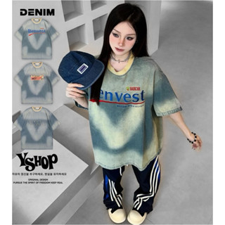 【YSHOP】美式 “牛仔短袖合輯” 復古重工 刺繡字母 暈染愛心 圓領短袖 硬挺 OVERSIZE 男女款