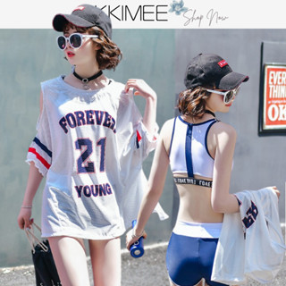 KKimee╭＊臺灣發貨📦【M~4XL】【短褲+罩衫】運動海軍【SB49】三件式比基尼泳裝 大尺碼 BIKINI 泳衣