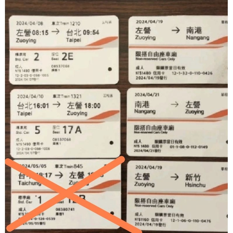 高鐵票收藏用2024/4月高雄/台中/台北