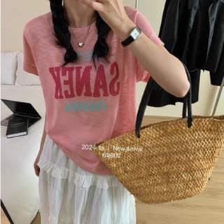 愛依依 短袖T恤 上衣 園領 夏季時尚寬鬆上衣洋氣撞色字母落肩袖冰絲亞麻針織衫NA19-96455.