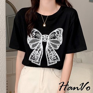 【HanVo】復古蕾絲蝴蝶結印花T恤 純棉吸濕排汗百搭上衣 韓系女裝 女生衣著 A01-0244