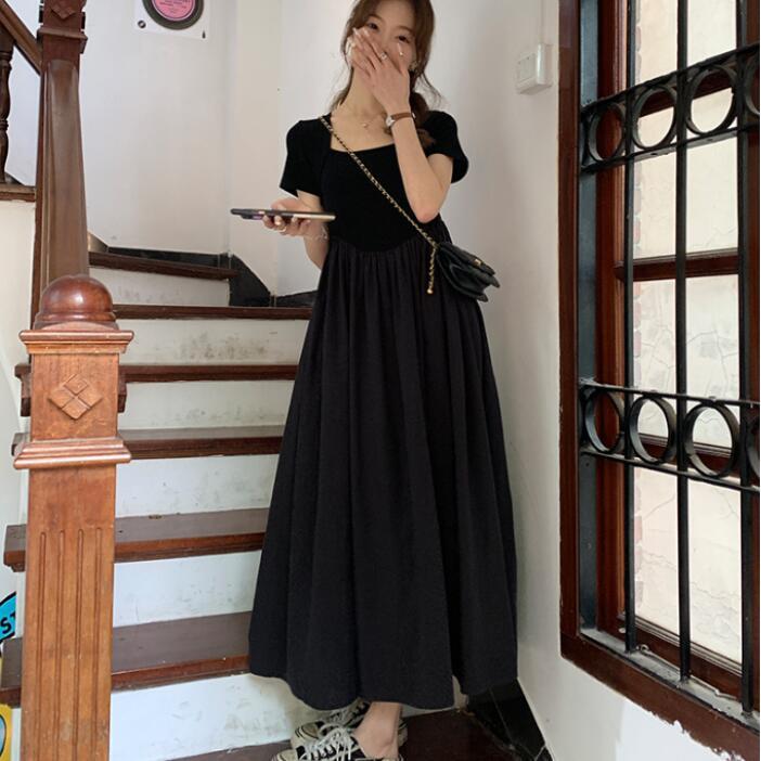 衣時尚 短袖洋裝 洋裝 長裙M-3XL新款赫本風方領連身裙遮肚顯瘦黑色長裙4F120-Q855.