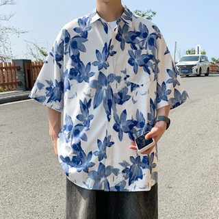 【JES】 質感 滿版 暈染 塗鴉 碎花 花朵 印花 涼感 親膚 透氣 百搭 潮流 情侶 夏威夷 花襯衫 短袖 襯衫