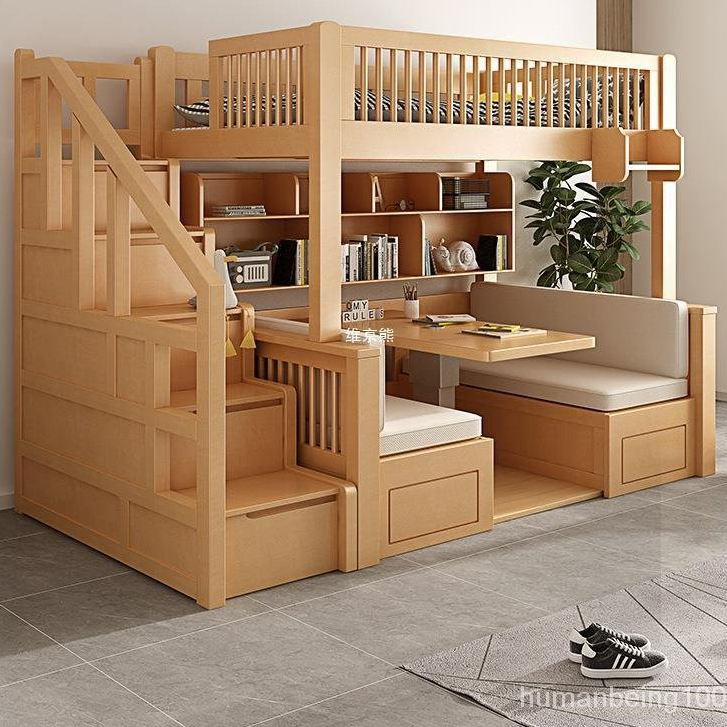 萬達木業 全實木上下鋪雙層床兒童上床下書桌一體交錯式高低床子母床高架床 上下舖床架 高架床 雙人床架 雙層床 XP0L