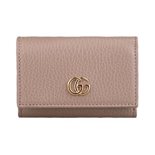 GUCCI GG Marmont金色雙G LOGO 設計牛皮4卡三折扣式短夾(粉灰玫瑰)