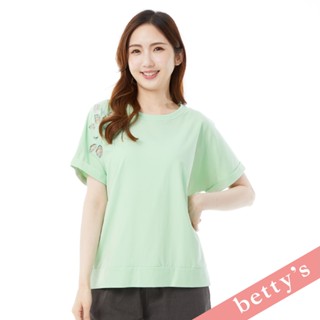 betty’s貝蒂思(31)繡線玫瑰鏤空葉子落肩T-shirt(淺綠)