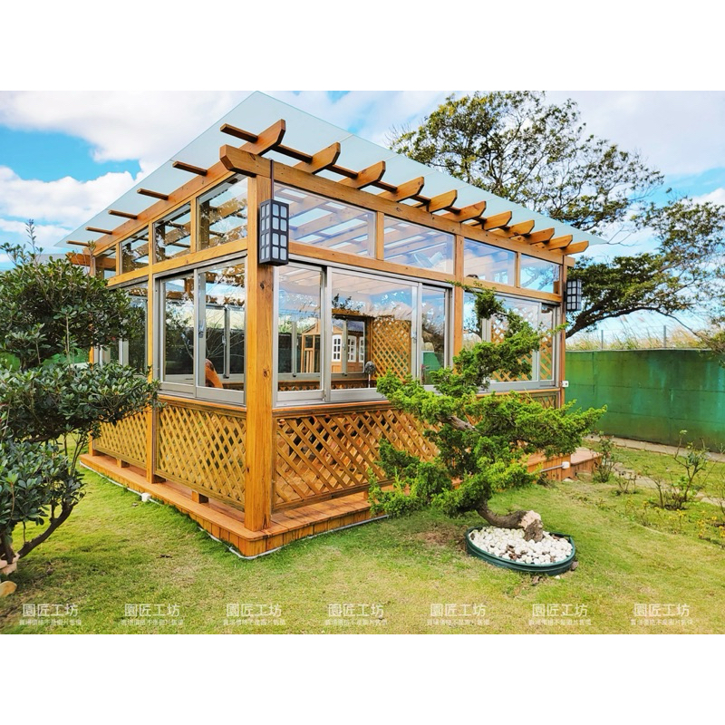 玻璃屋。工程。頂樓。曬衣間、空中花園，涼亭 加蓋 、防水、隔熱 實木 南方松『園匠工坊』