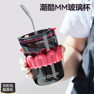 【臺灣現貨】官耳電鍍玻璃吸管杯400ml 帶矽膠杯套 耐冷耐熱自帶吸管 可愛便攜 辦公室水杯 高硼矽玻璃水杯 咖啡杯茶杯
