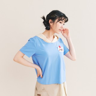【Dailo】可愛阿貓挖洞口袋配色連帽棉短袖上衣 藍 綠 咖 (魅力商品)