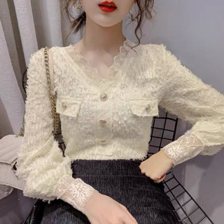 現貨特價2024春季新款名媛氣質流蘇V領蕾絲襯衫女長袖洋氣內搭上衣打底衫