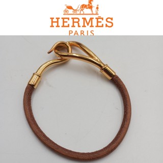 二手真品 HERMES 愛馬仕 金勾 皮革手環 L103