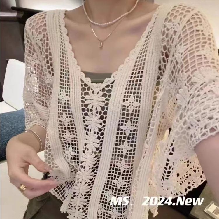 胖胖美依 上衣 背心 針織衫 韓版v領喇叭袖防曬短袖針織衫夏季鏤空鉤花寬鬆打底衫上衣1F022-00189.