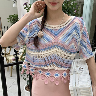 胖胖美依 上衣 短袖上衣 針織衫 法式鏤空刺繡流蘇森系少女提花薄款套頭針織衫1F022-00172.