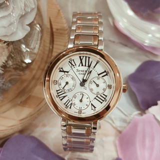 CASIO 卡西歐 SHEEN 浪漫羅馬玫瑰金色全日曆時尚腕錶-SHE-3034SG-7A