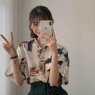 【YoRi】複古塗鴉短袖襯衫女 花襯衫 幾何撞色質感襯衫 寬鬆襯衫女 夏季新款防曬空調衫 女生襯衫 短袖上衣女