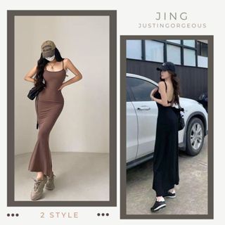 素面款4色現貨秒出♥️【JinG】自帶胸墊*歐美風低胸細肩長洋裝♥️無袖洋裝 A字裙 收腰顯瘦 傘裙 吊帶裙 長裙