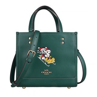 COACH Tote 22立體字LOGO迪士尼聯名款米奇米妮雪橇設計磁扣手提斜背托特包(深綠)