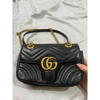 二手正貨-Gucci marmont馬蒙黑色牛皮側揹包鏈條包