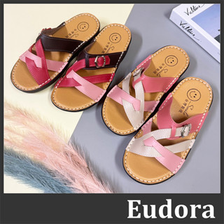 【Eudora】MIT臺灣製 手工鞋 軟底拖鞋 厚底拖鞋 增高拖鞋 平底拖鞋 皮革撞色交叉 手縫線 低跟楔型 涼拖鞋