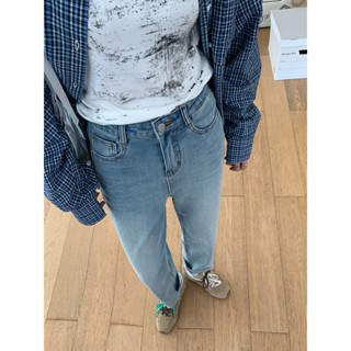 花灰灰🌟顯瘦3D感 l 藍色 S-L超顯瘦彈性柔軟藏肉做舊水洗高腰毛邊九分牛仔褲 初秋新款百搭彈力直筒牛仔寬褲 九分褲