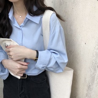 韓版修身翻領長袖襯衫 素面 暗釦 女生襯衫 長袖上衣 藍色長袖襯衫 大尺碼襯衫 罩衫 白色襯衫 上班襯衫 襯衣 襯衫外套