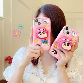 iPhone16韓系卡通可愛支架立體鱷魚小新15 Promax手機殼伸縮支架12少女粉11趣味14 Pro蘋果13保護套