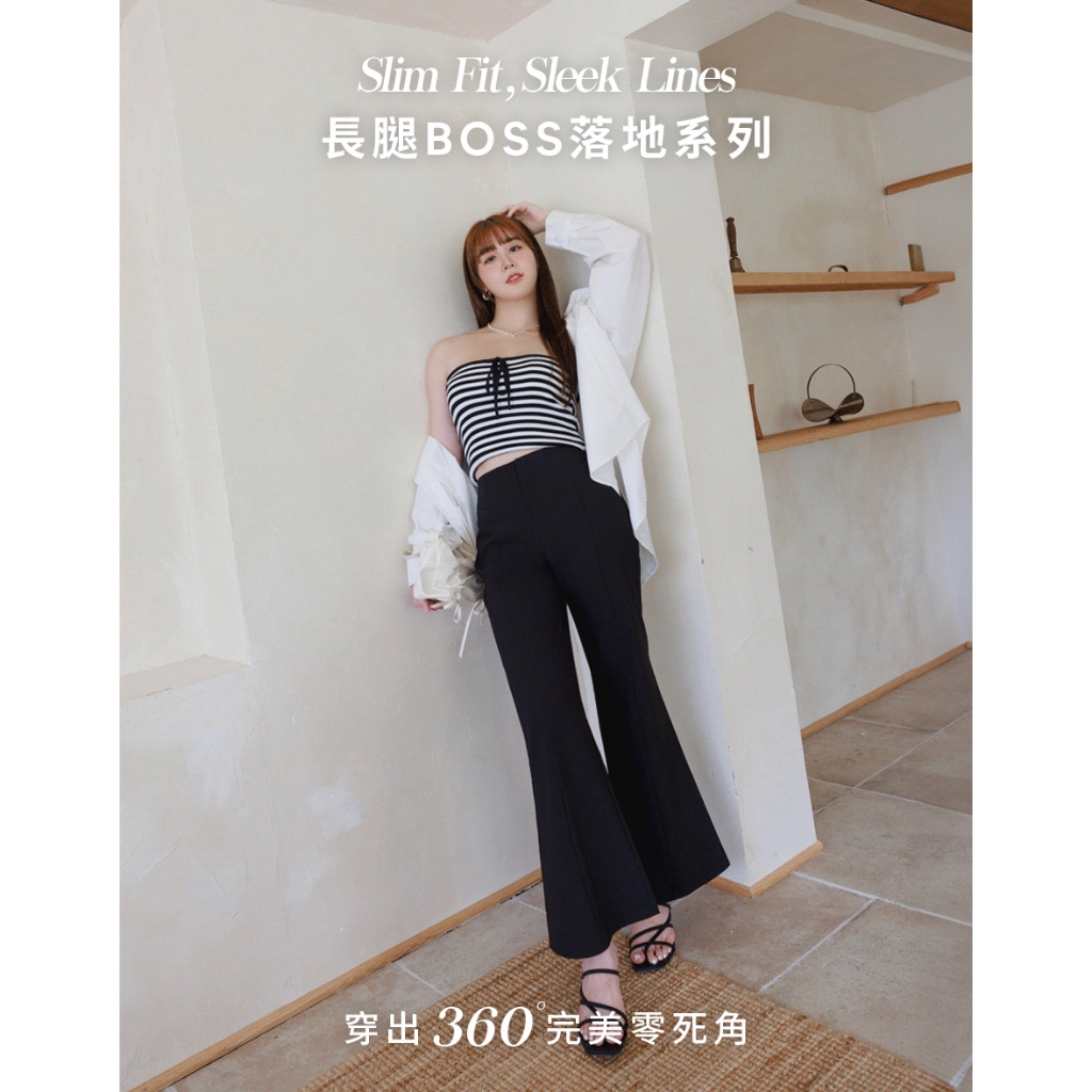 AIR SPACE PLUS 長腿BOSS落地西裝喇叭褲(黑/灰藍) 女裝 現貨 大尺碼 中大尺碼