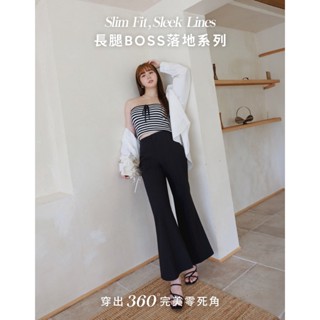 AIR SPACE PLUS 長腿BOSS落地西裝喇叭褲(黑/灰藍) 女裝 現貨 大尺碼 中大尺碼