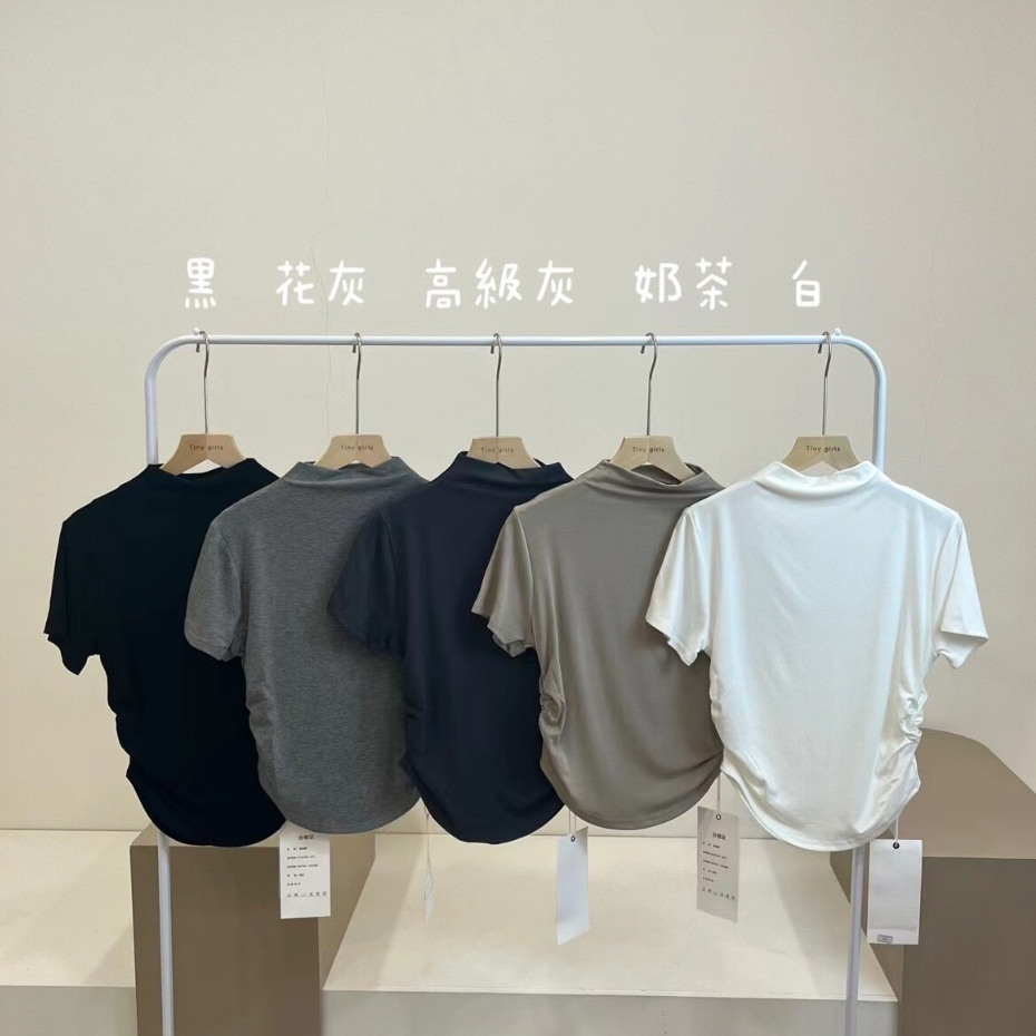 【TINY太妮絲TT03】韓系10色 抓皺 螞蟻腰 短袖上衣 側抓皺 下圓弧 小立領 小高領上衣 半高領 女裝