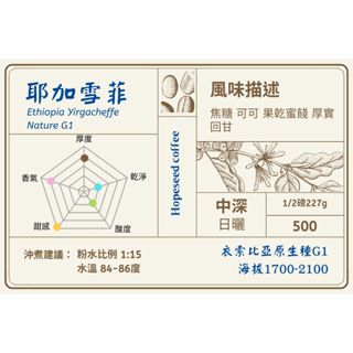 ＜希望種子咖啡＞中深焙 衣索比亞 耶加雪菲 日曬 G1（耳掛包）自家烘焙 精品咖啡
