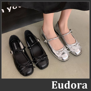 【Eudora】蝴蝶結娃娃鞋 瑪莉珍鞋 銀色 小皮鞋 芭蕾舞鞋 方頭金釦 粗低跟平底 瑪麗珍 平底鞋 小香風 單鞋 包鞋