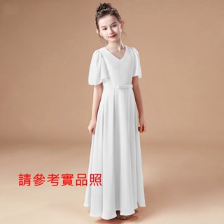 新竹金奇童裝兒童現貨長款女童公主裙禮服白色雪紡長裙鋼琴表演服音樂演奏