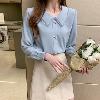 海軍領襯衫雪紡襯衫女時尚上衣洋氣小衫氣質長袖襯衣襯衫寬鬆襯衫大尺碼襯衫百搭襯衫長袖襯衫秋季襯衫