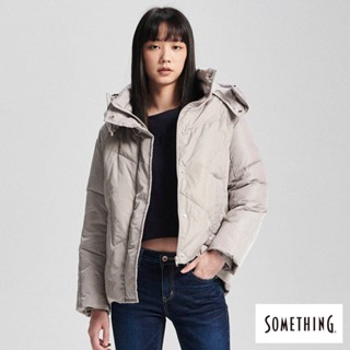 SOMETHING 高領連帽防寒羽絨外套(淺灰色) -女款