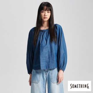 SOMETHING 女款 泡泡袖圓領長袖襯衫(拔淺藍)